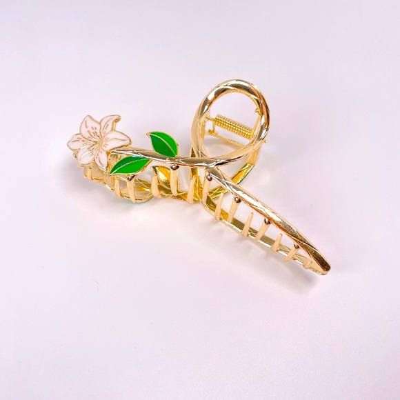 NEW Gold Metal White Lily Green Leaves Hair Claw - Picture 9 of 10